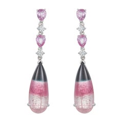 Pear Shape Bicolor Watermelon Tourmaline Earrings Pink Sapphire Diamond 14k Gold