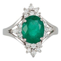Oval Green Emerald Diamond Engagement Halo Ring 14 Karat White Gold Vintage