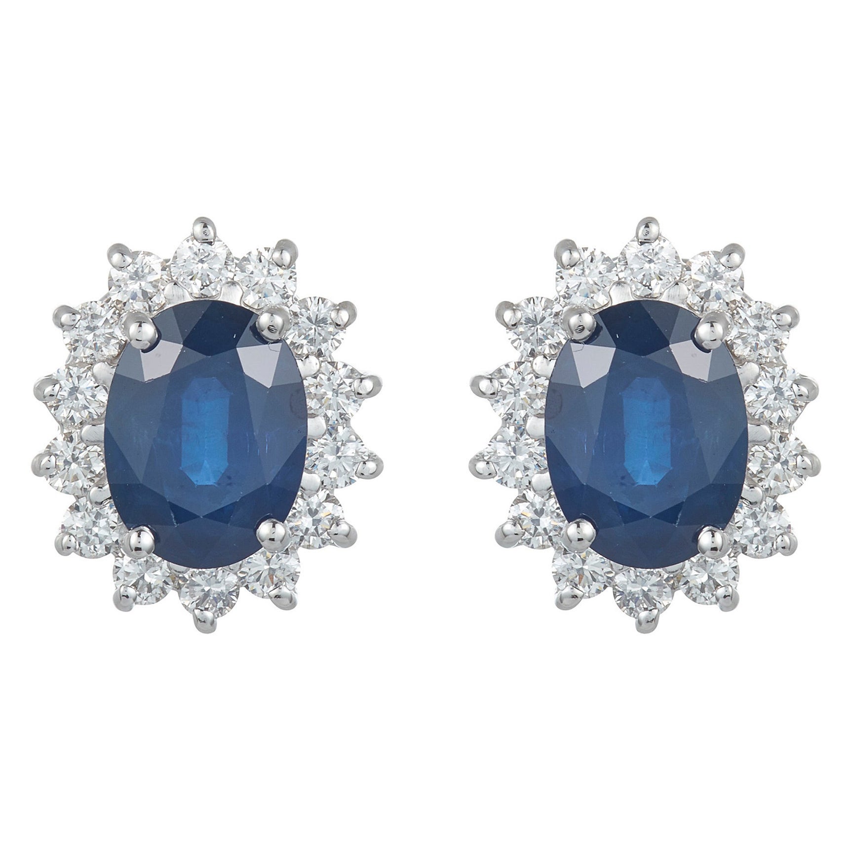 Classic Blue Sapphire Halo Stud Earrings Round Diamond 14K White Gold Diana For Sale