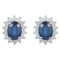 Classic Blue Sapphire Halo Stud Earrings Round Diamond 14K White Gold Diana