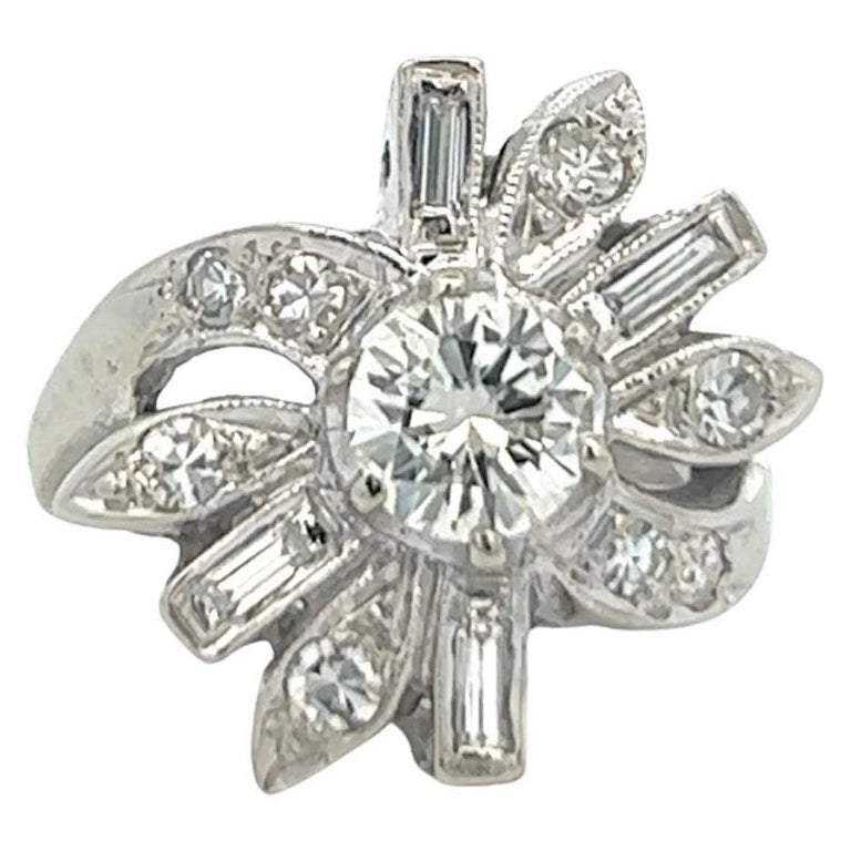 Mid-Century Diamond 14 Karat White Gold Flower Ring For Sale