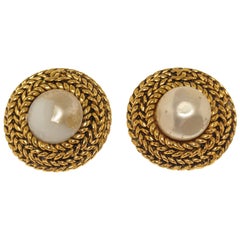 Chanel Gold CC Pearl Braided Disc Earrings