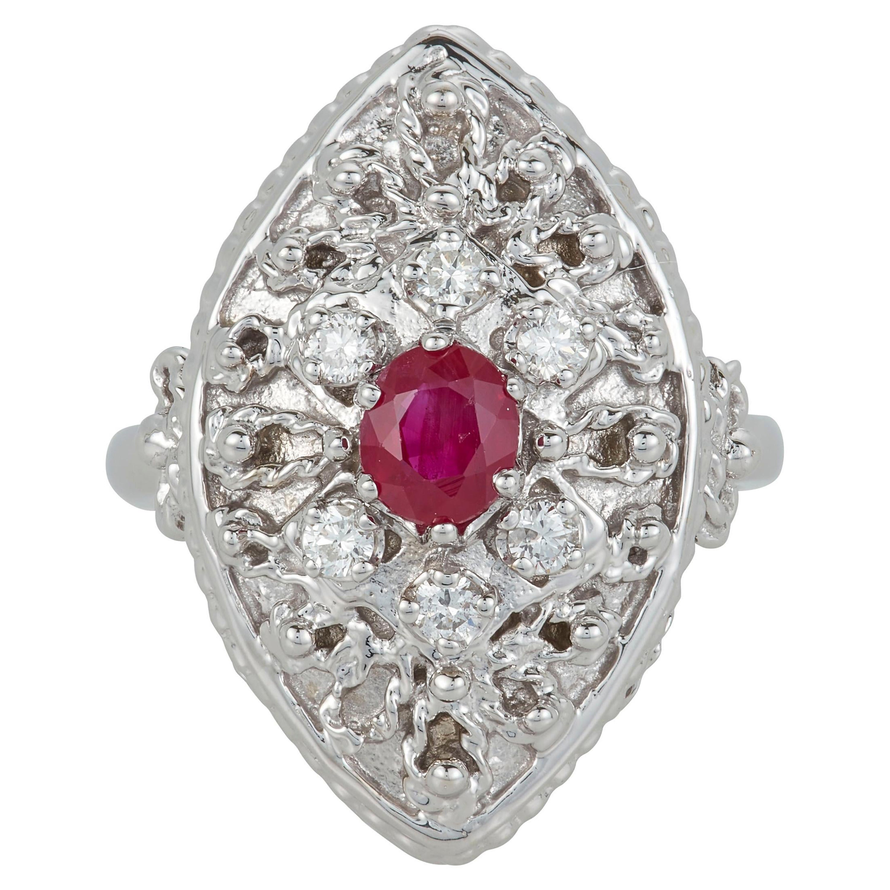 Oval Ruby Round Diamond Marquise Vintage Antique Cocktail Ring 14k White Gold