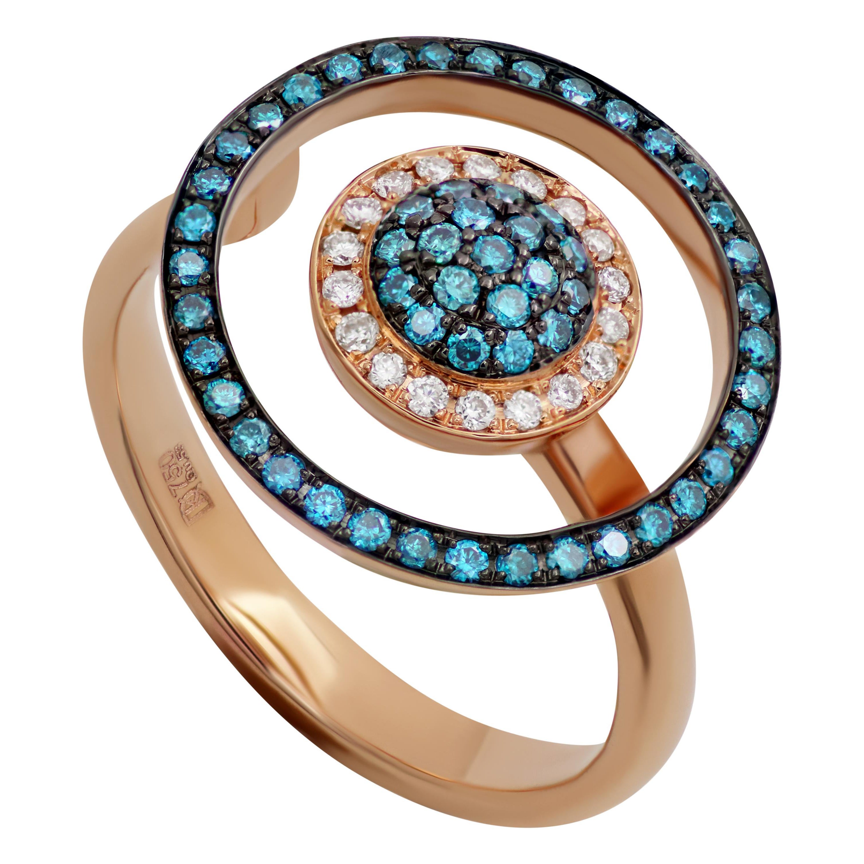 18k Rose Gold Circles Ring with Blue and White Diamonds For Sale