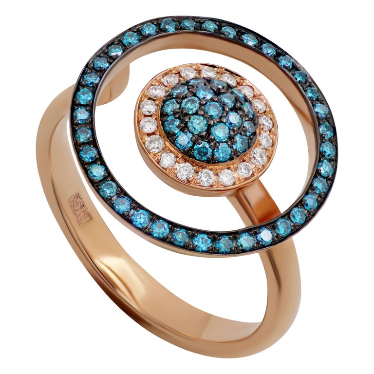 18k Rose Gold Circles Ring with Blue and White Diamonds For Sale at 1stDibs