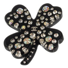 Chanel Black Clover Rhinestone Brooch