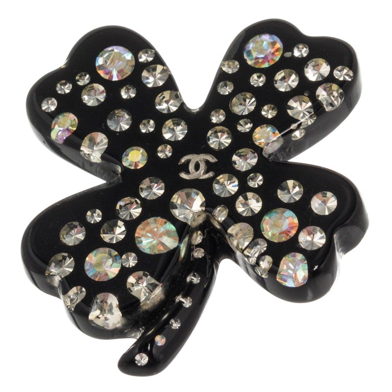 Chanel Black Clover Rhinestone Brooch For Sale at 1stDibs