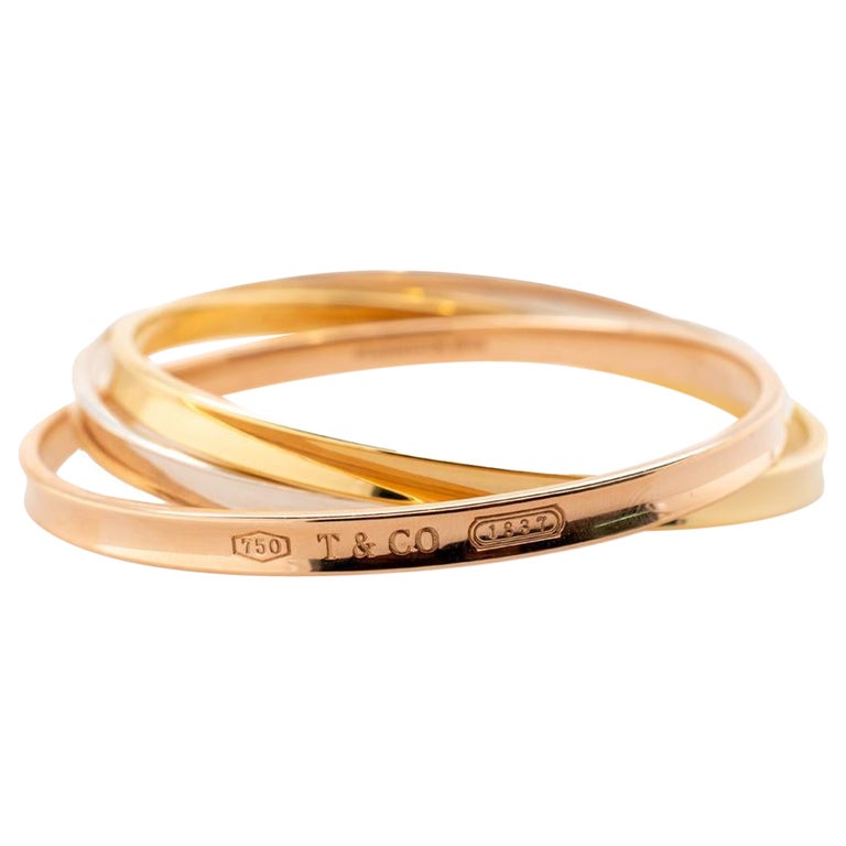 Signed Tiffany and Co 1837 Three Tone Interlock Bangle Bracelet For ...