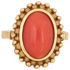 Retro Red Coral Ring 18k Yellow Gold Oval Mount Fine Estate Jewelry