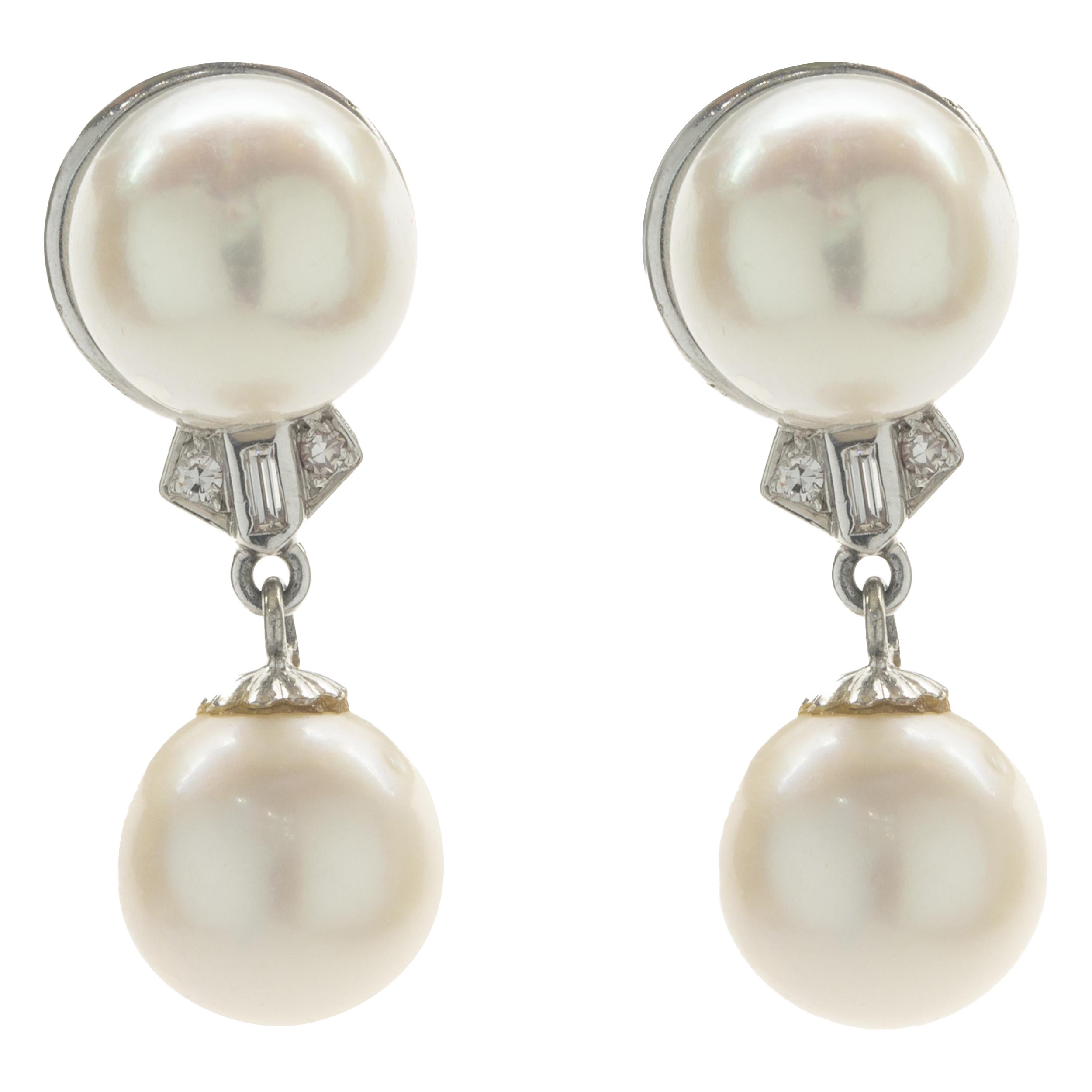 18 Karat White Gold Akoya Pearl and Diamond Drop Earrings For Sale