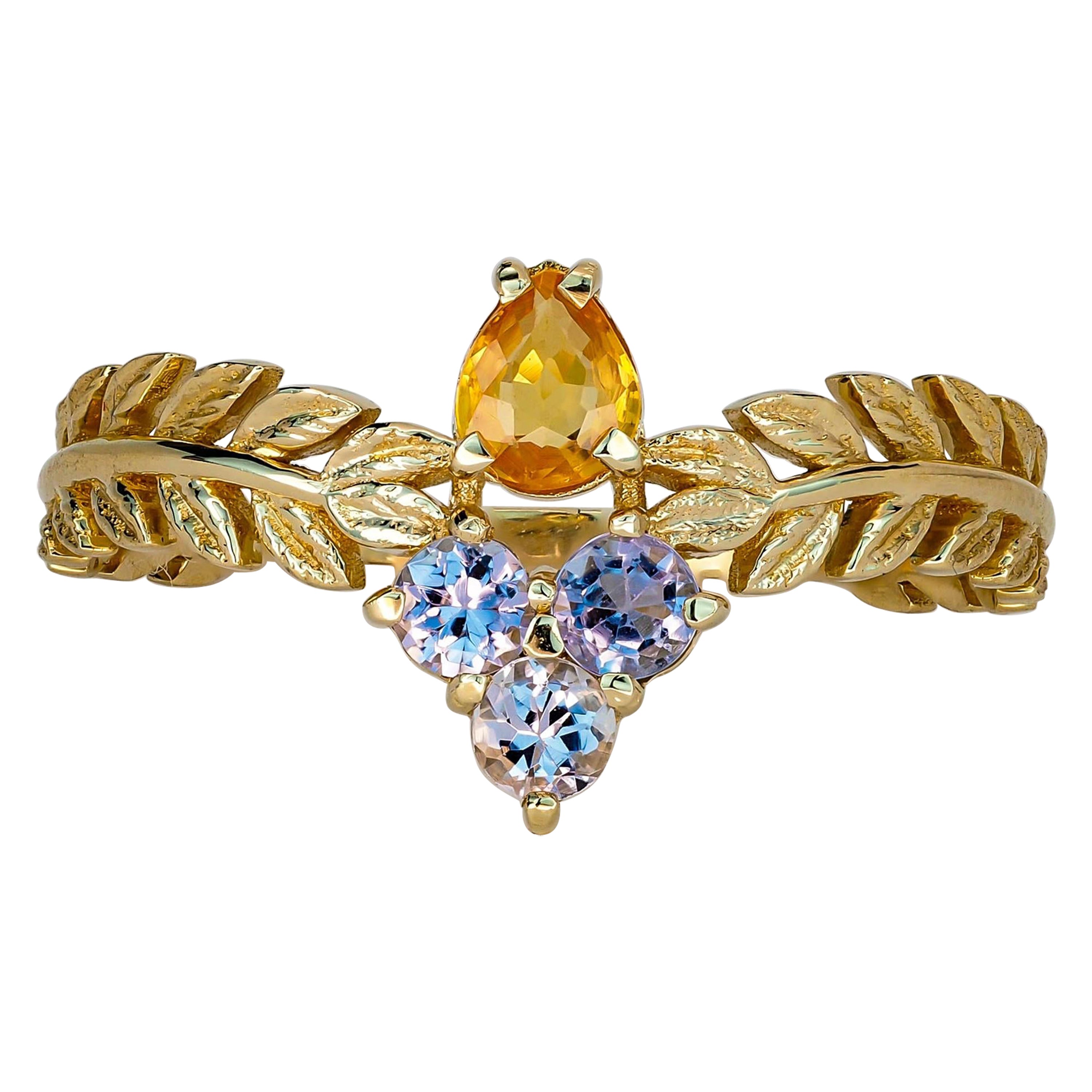 For Sale:  Yellow Sapphire 14k Gold Ring, Olive Leaves Gold Ring