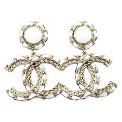 Chanel Brand New Gold White Leather CC Dangle Reissued Piercing Earrings