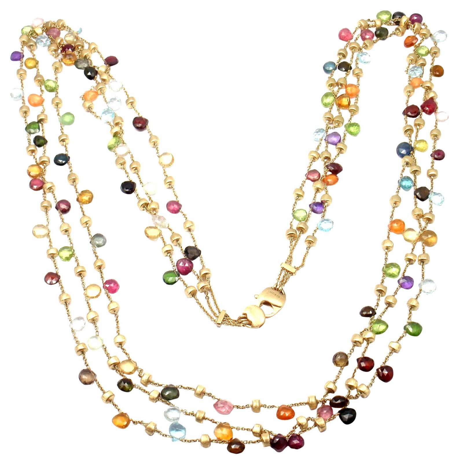Marco Bicego Paradise 3-Row Multicolor Gemstone 32 Inch Long Gold Necklace