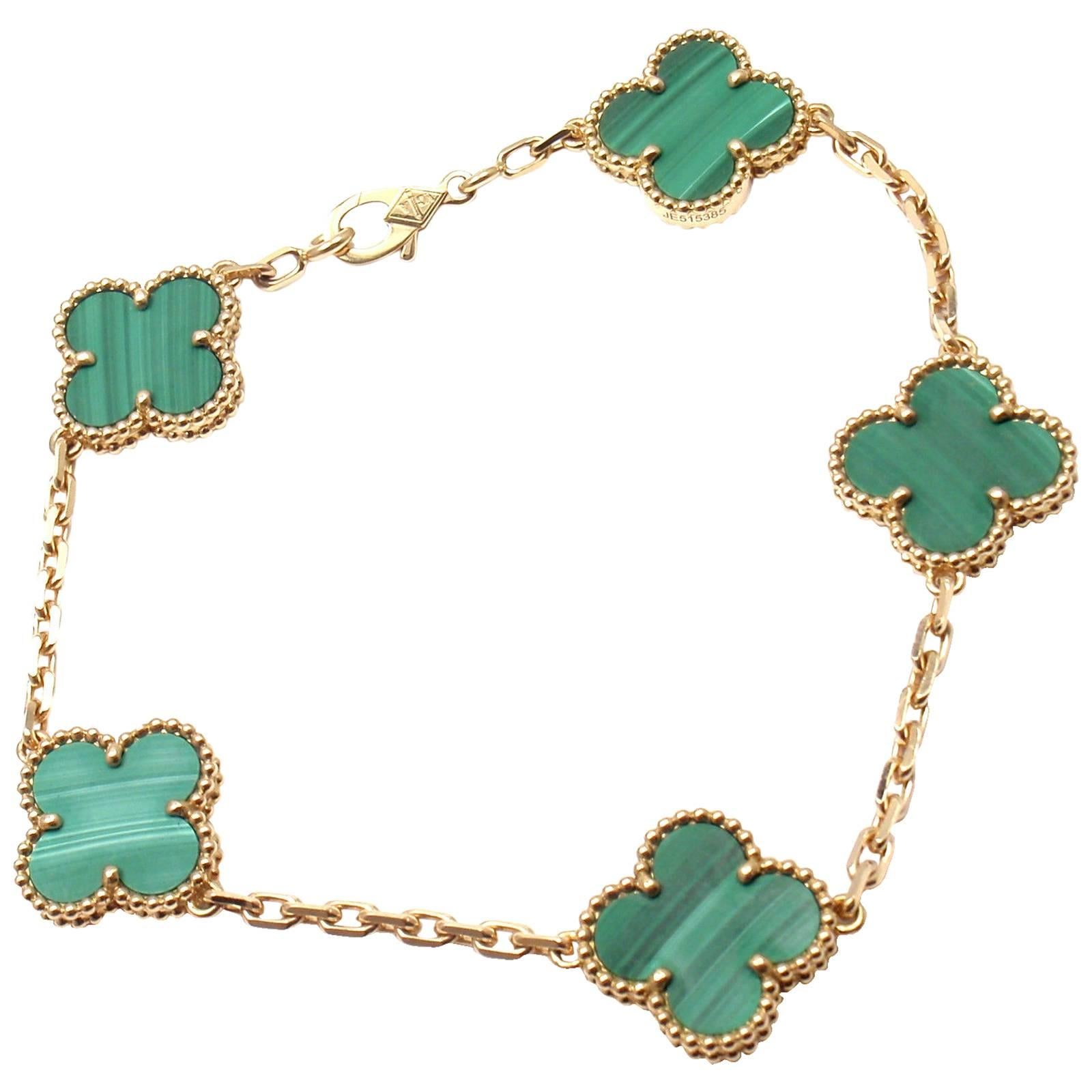 Van Cleef & Arpels 5 Motif Vintage Alhambra Malachite Gold Bracelet