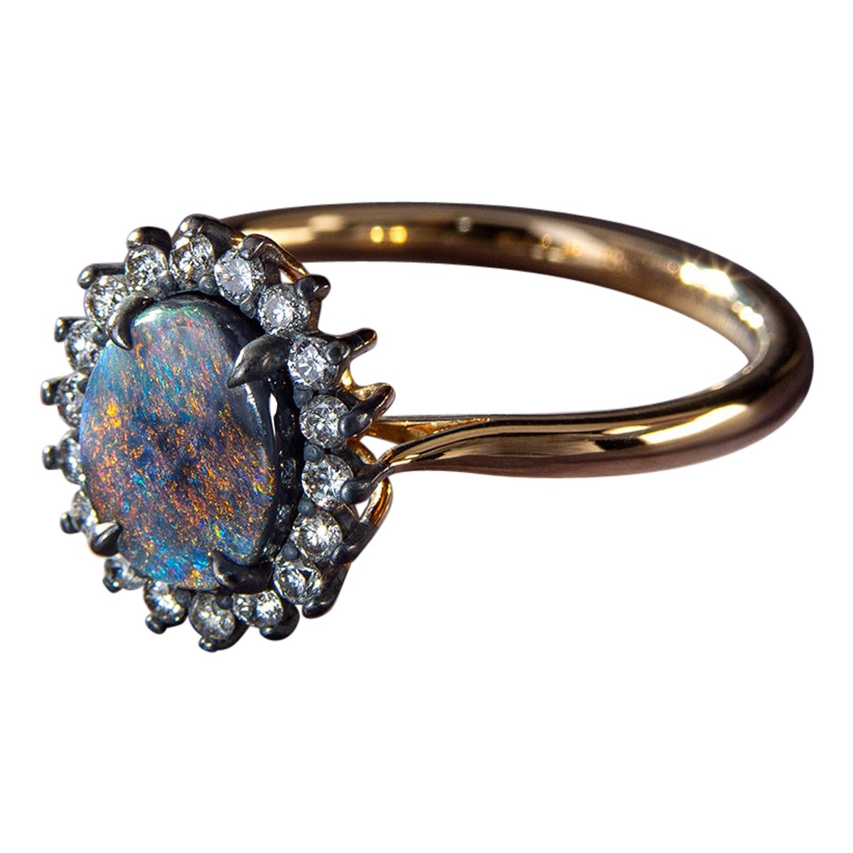 Black Opal Grey Diamonds Gold Ring Red Green Color