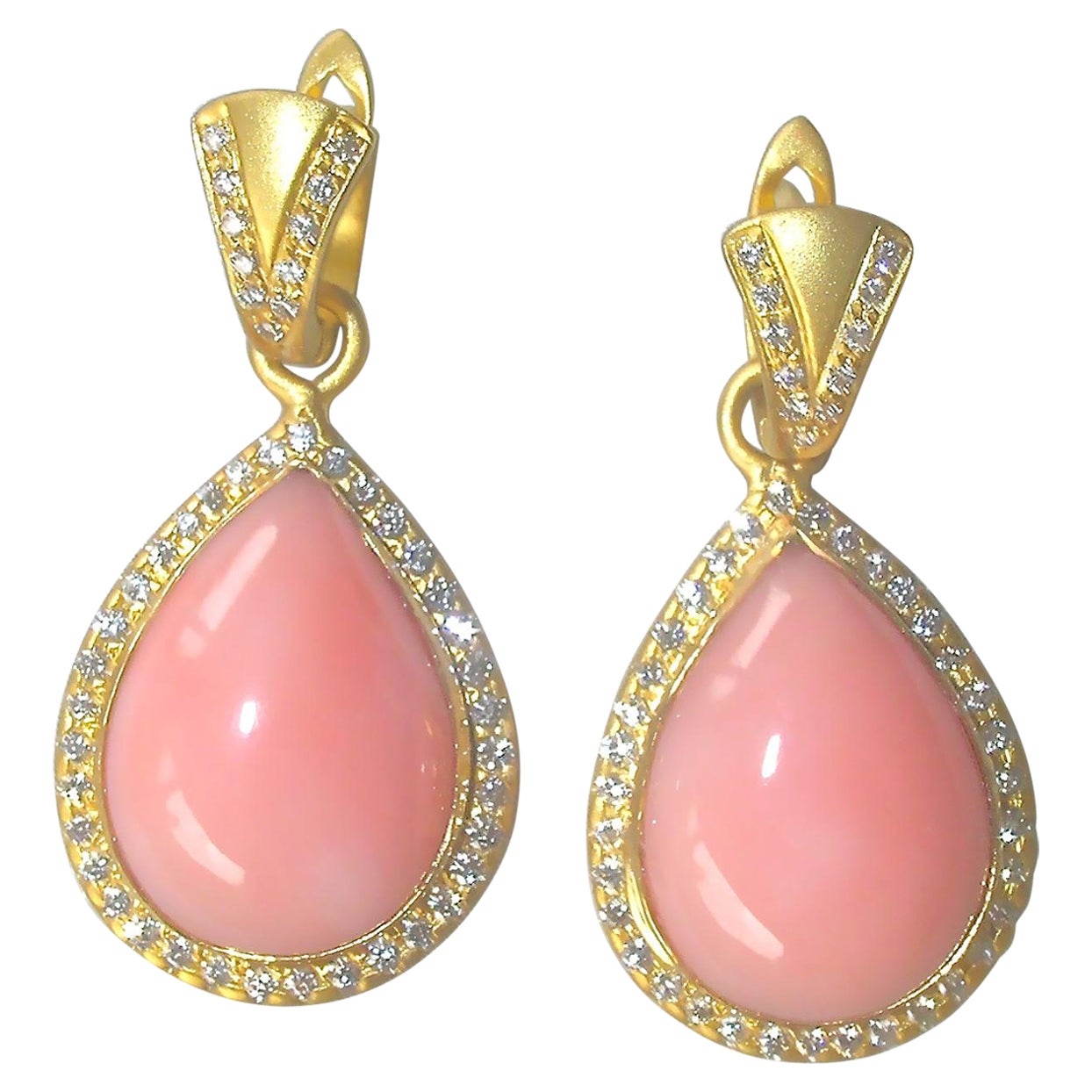 Pink Opal Earrings w/ Diamonds Set in 18k Gold For Sale