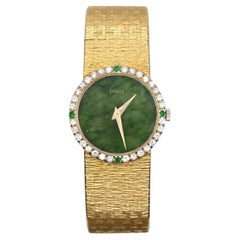 Vintage Gorgeous Piaget Yellow Gold Diamond and Jade Dial Ladies Wrist Watch