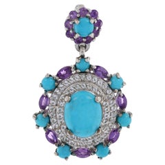 Sterling Silver Turquoise, Amethyst, & White Topaz Halo Pendant, 925