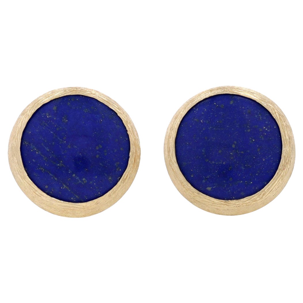 Yellow Gold Lapis Lazuli Large Stud Earrings 18k Brushed Circles Pierced For Sale