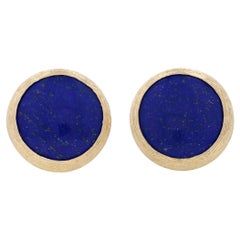 Yellow Gold Lapis Lazuli Large Stud Earrings 18k Brushed Circles Pierced