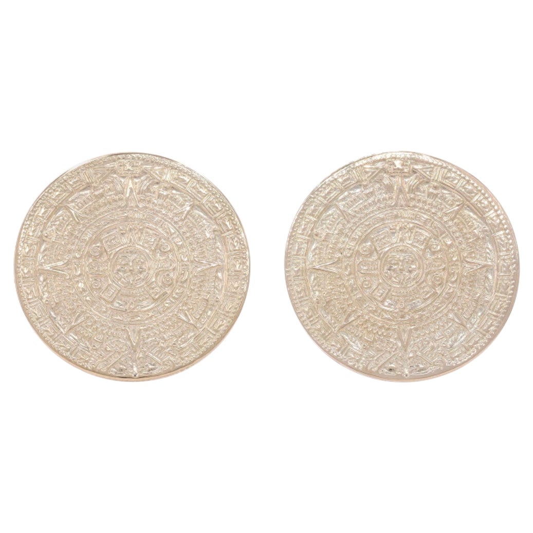 Yellow Gold Aztec Calendar Large Stud Earrings 14k Ancient Mesoamerica Clip-Ons For Sale