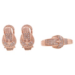 Sterling Diamond Buckle Earrings & Ring Set 925 Rose Gold Plate .30ctw Band