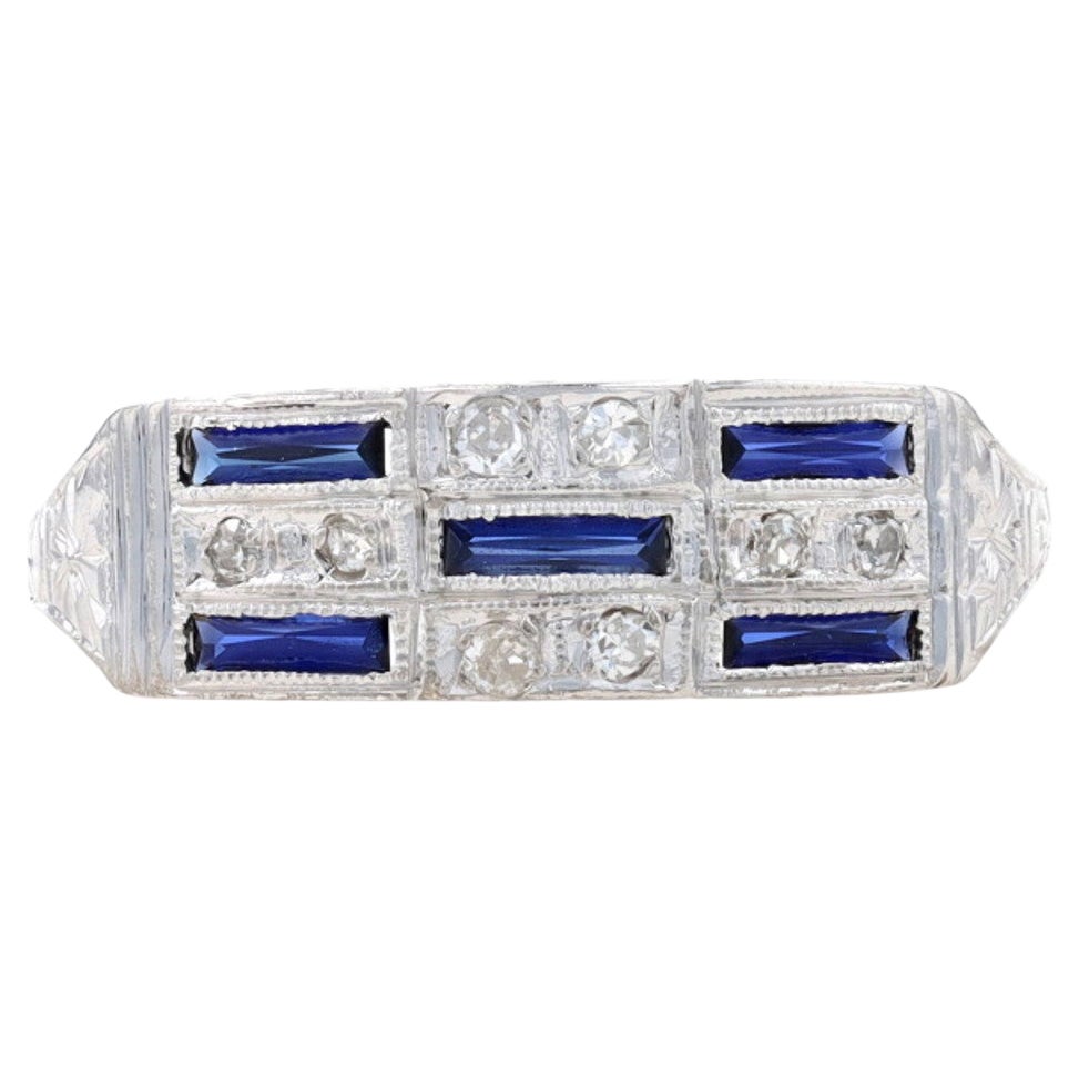 White Gold Synthetic Sapphire & Diamond Art Deco Band 18k Vintage Ring