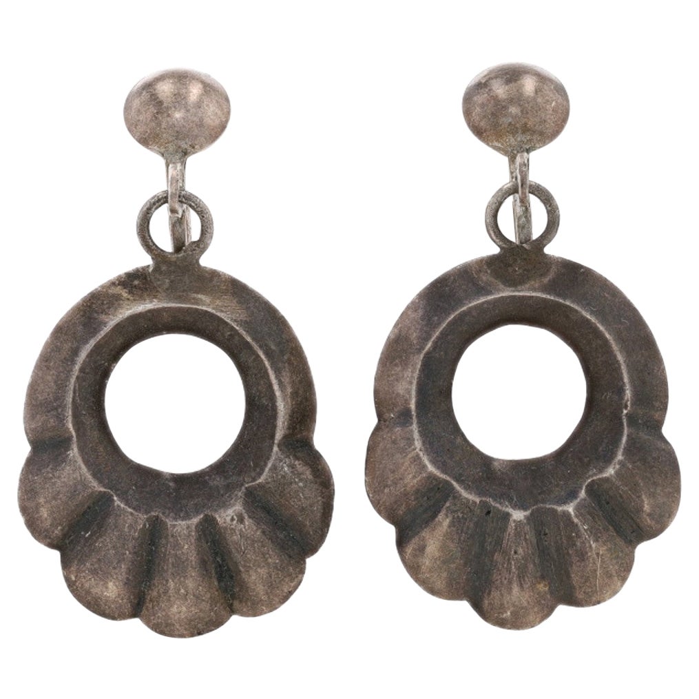 Native American Dangle Earrings Sterling Silver 925 Scallop Hoop