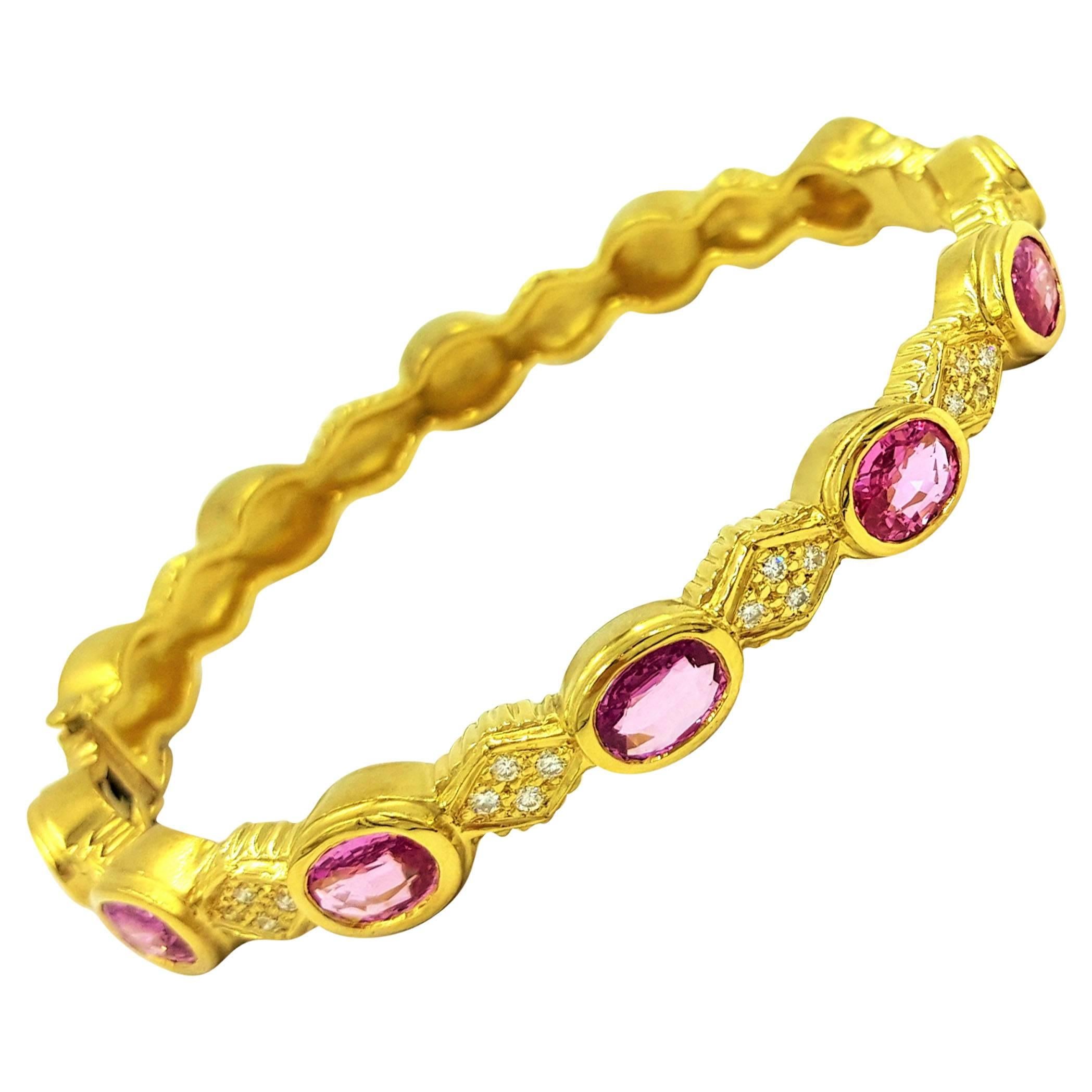 Doris Panos 7 Carats Deep Pink Sapphires Diamonds Gold Bracelet For Sale