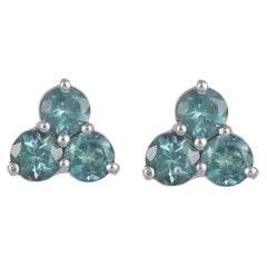 Three Stone Round Alexandrite Color Change Cluster Stud Earrings 14k White Gold