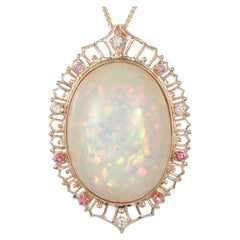 42.18 Carat Oval Opal Pink Sapphire White Diamond Halo Pendant 14 Karat Gold