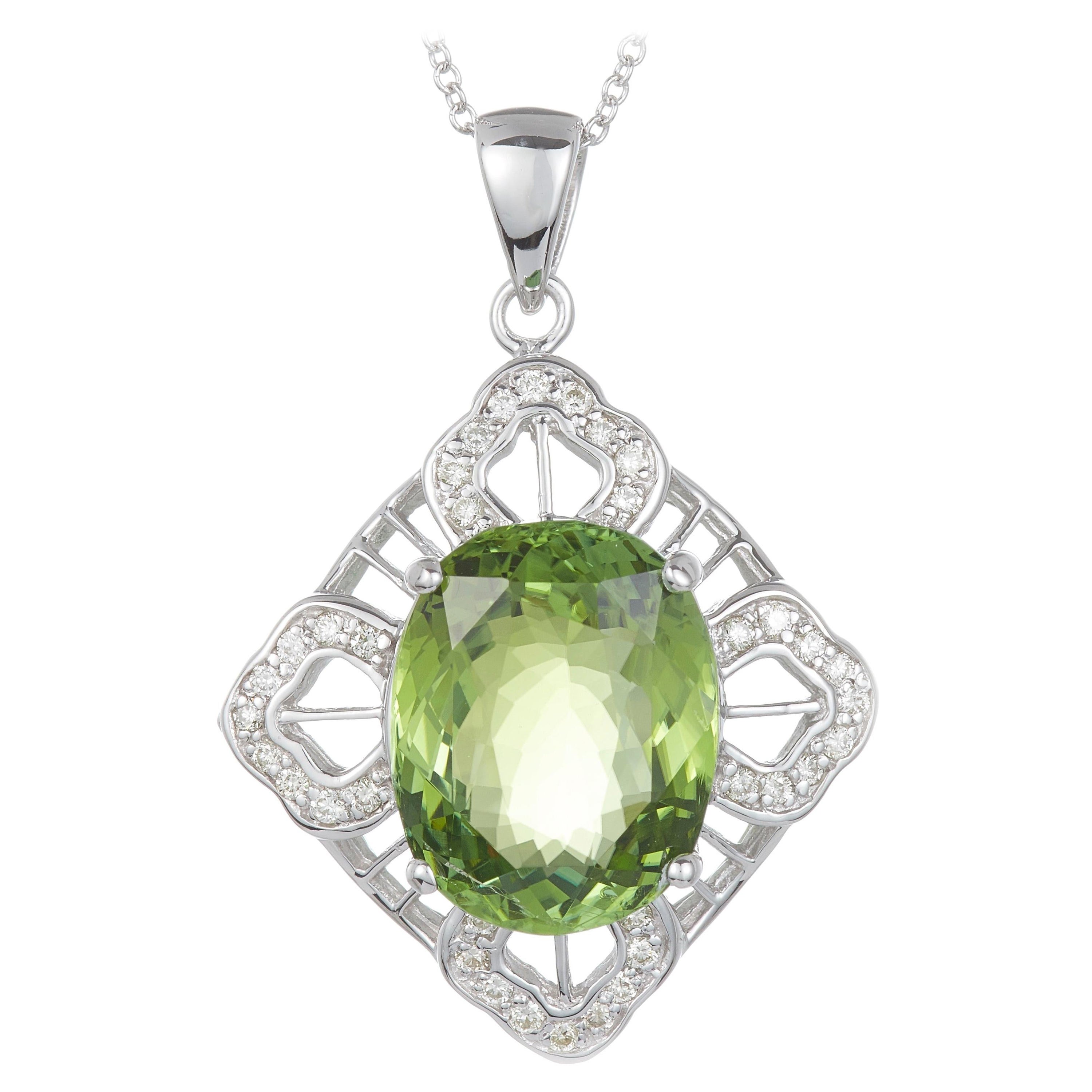8.60 Carat Oval Green Tourmaline Diamond Pendant Vintage Inspired 14 Karat Gold For Sale