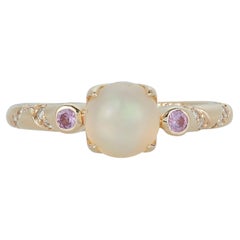 0.91 Carat Round Opal Purple Sapphire White Diamond Fashion Ring 14 Karat Gold