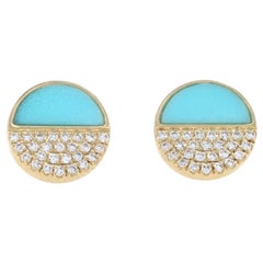 Yellow Gold Turquoise & Diamond Cluster Stud Earrings 14k .12ctw Pierced