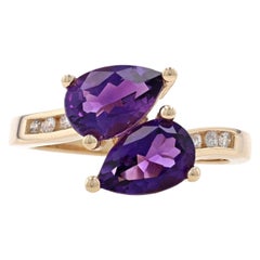 Yellow Gold Amethyst & Diamond Bypass Ring 14k Pear 2.59ctw Leaves Two-Stone