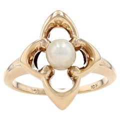 Yellow Gold Cultured Pearl Solitaire Ring 10k Quatrefoil Flower