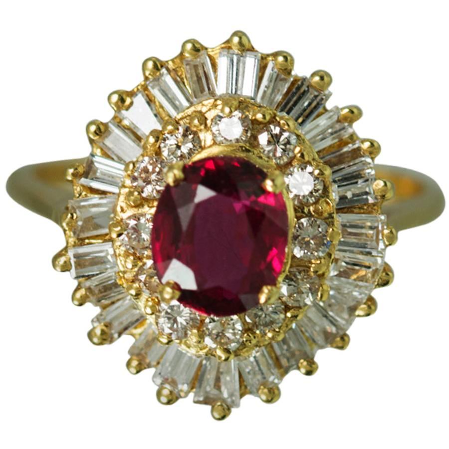 1980s Ballerina Ruby Gold Baguette Diamond Cocktail Ring At 1stdibs