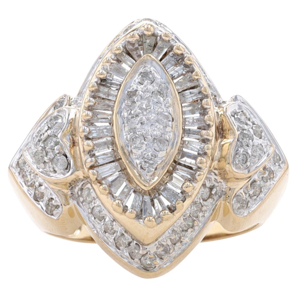 Yellow Gold Diamond Cluster Double Halo Ring 10k Baguette &Rnd .50ctw Knife-Edge