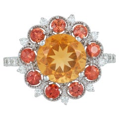 Round Fire Opal Orange Sapphire Diamond Sun Flower Ring 14 Karat White Gold