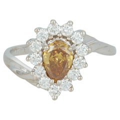 Pear Shape Natural Yellow Diamond Halo Engagement Ring 14 Karat White Gold
