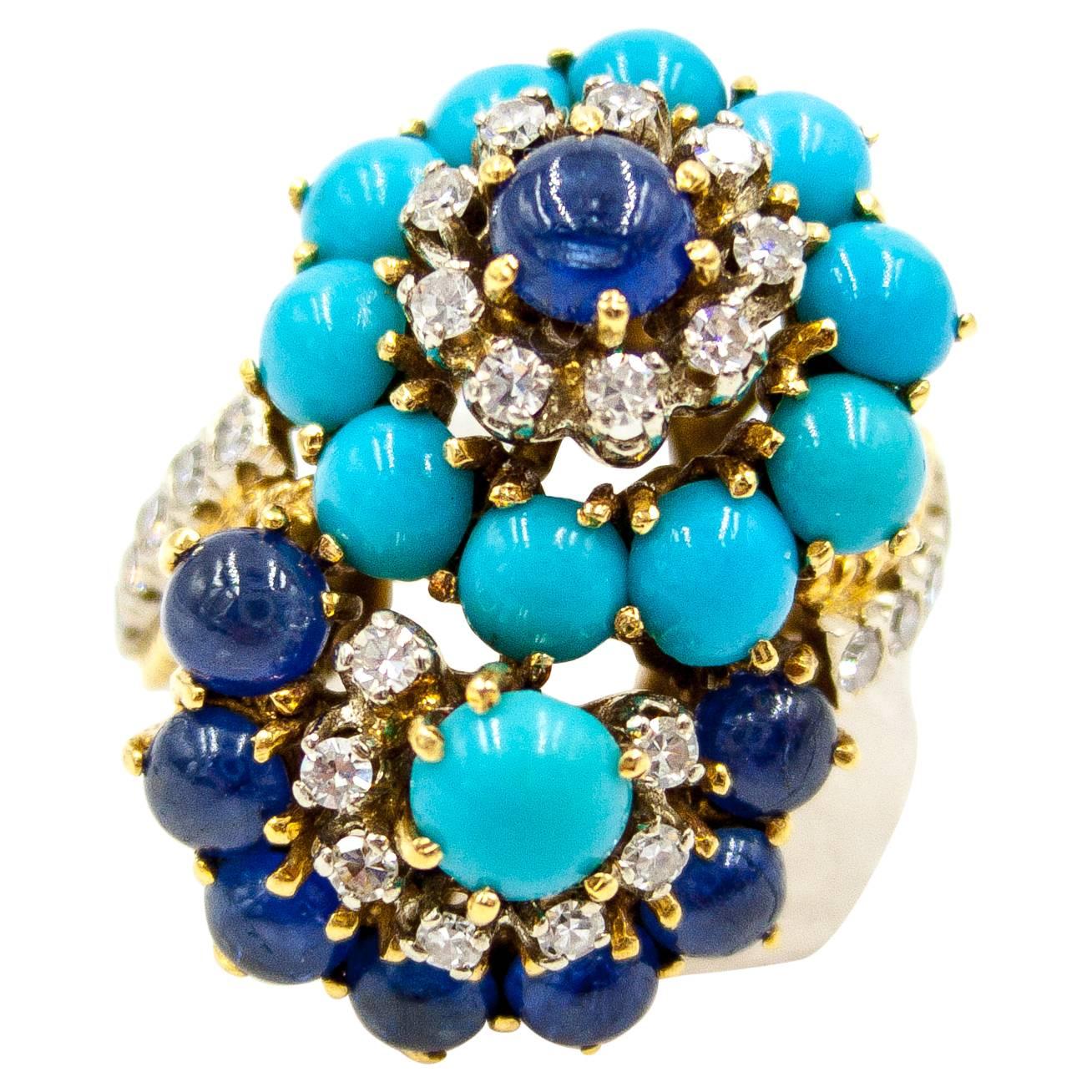 1950s Turquoise Sapphire Diamond Gold Double Twist Ring
