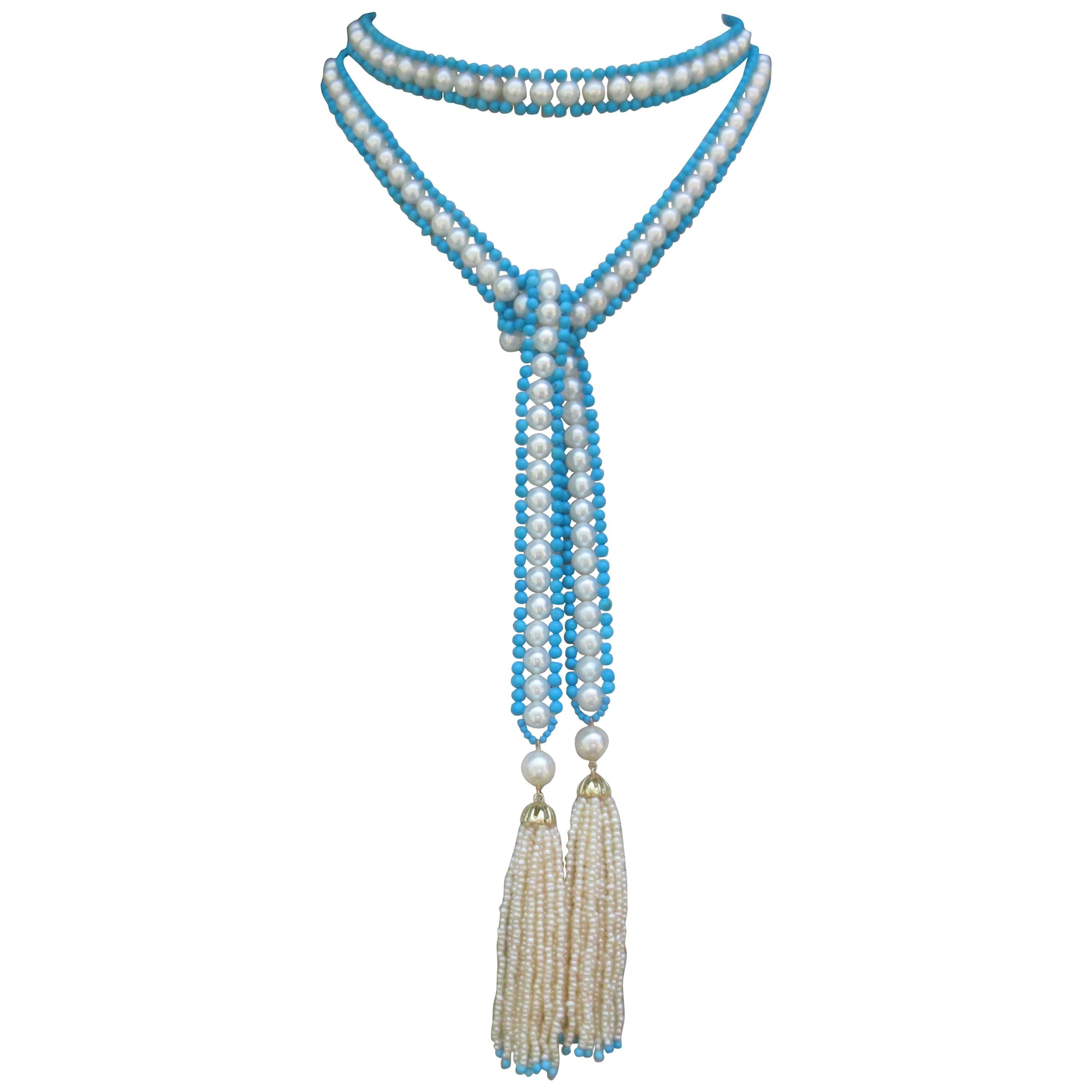 Multi-functional and timeless, this Sautoir is designed to fit any occasion. The ribbon is made by tightly weaving 6mm pearls with 3mm Turquoise beads into a symmetrical weave, resulting in a durable and versatile experience. Finished with graduated