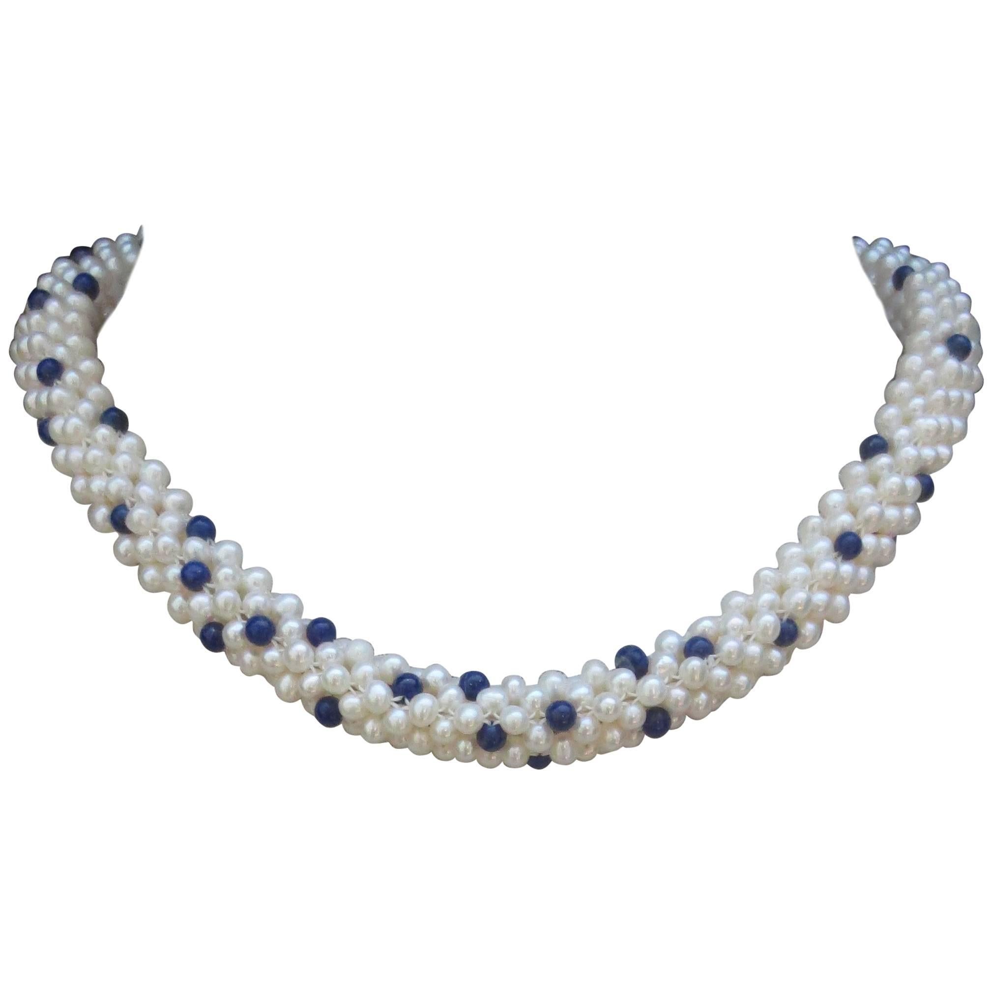 Lapis Lazuli and White Pearl Woven Rope Necklace with 14 k Yellow Gold Clasp