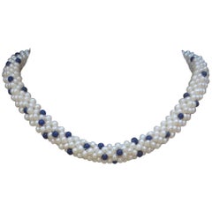 Lapis Lazuli and White Pearl Woven Rope Necklace with 14 k Yellow Gold Clasp