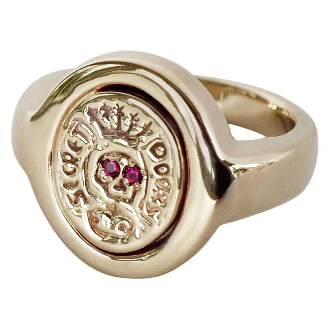Crest Signet Ring Ruby Skull Bronze Victorian Style J Dauphin For Sale