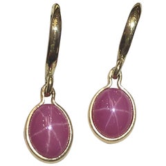 14K Solid Yellow Gold Lab Created Oval Lindy Star Ruby Dangling Wire Earrings