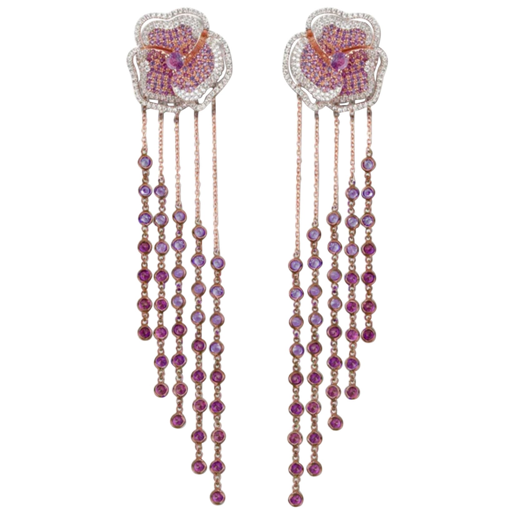 Bloom Halo Medium Flower Amethyst Long Earrings in 18K Rose Gold For Sale