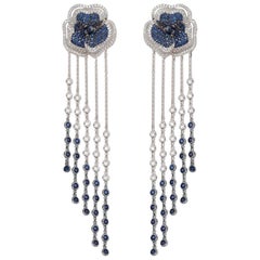 Bloom Medium Flower Halo Blue Sapphire Long Earrings in 18K White Gold