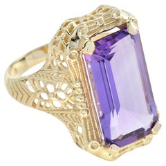 Art Deco Stil 9 Karat Smaragdschliff Amethyst Filigran Ring in 9K Gelbgold