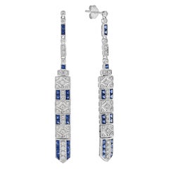 Boucles d'oreilles pendantes en or blanc 14 carats, saphir et diamant